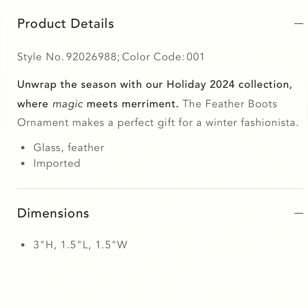 Anthropologie Feather Black & Gold Boots Glass Ornament NWT